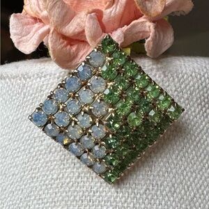Vintage Green and Clear Rhinestone Layered Square Pyramid Brooch Mid-Century